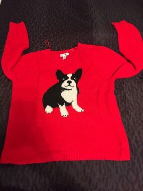 cupcakes & cashmere Red Crewneck Sweater with Black & White Dog Motif